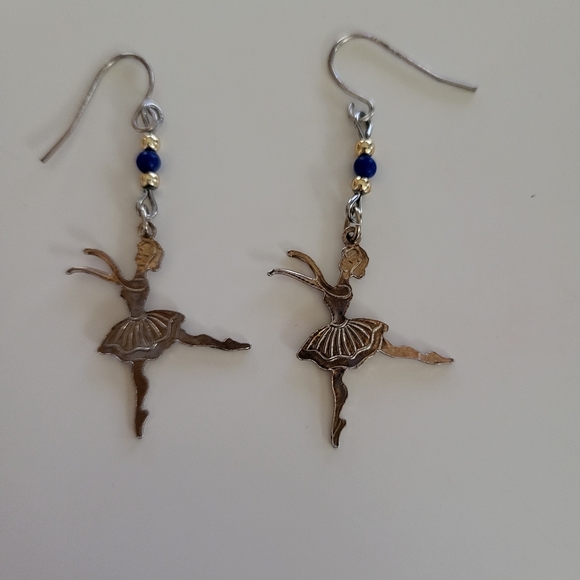 3/$15 Vintage Ballerina Drop Fishhook Earrings Gold-tone Metal with Blue Beads - Picture 3 of 3